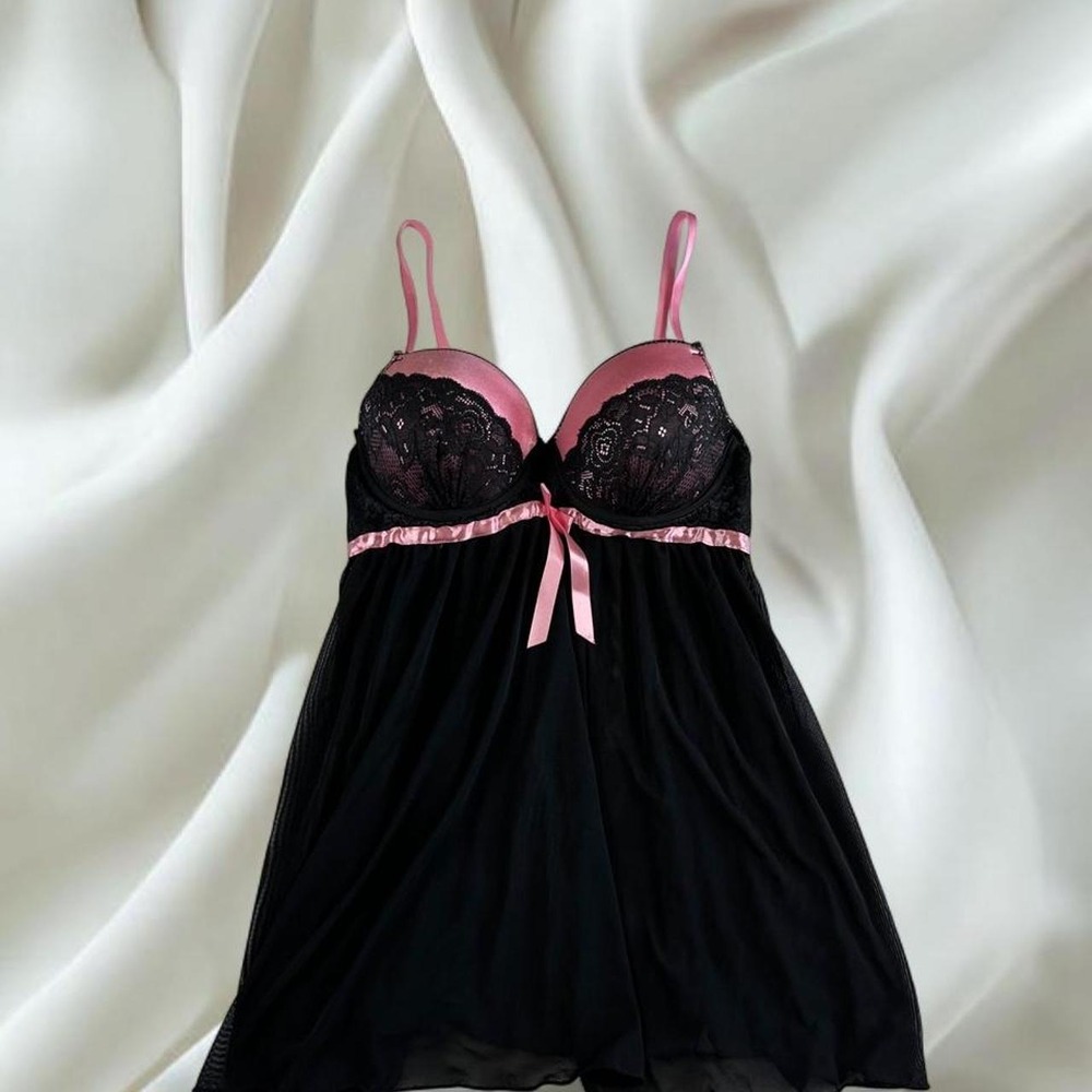 Victoria's Secret style pink black lace push up bra lingerie slip y2k mcbling